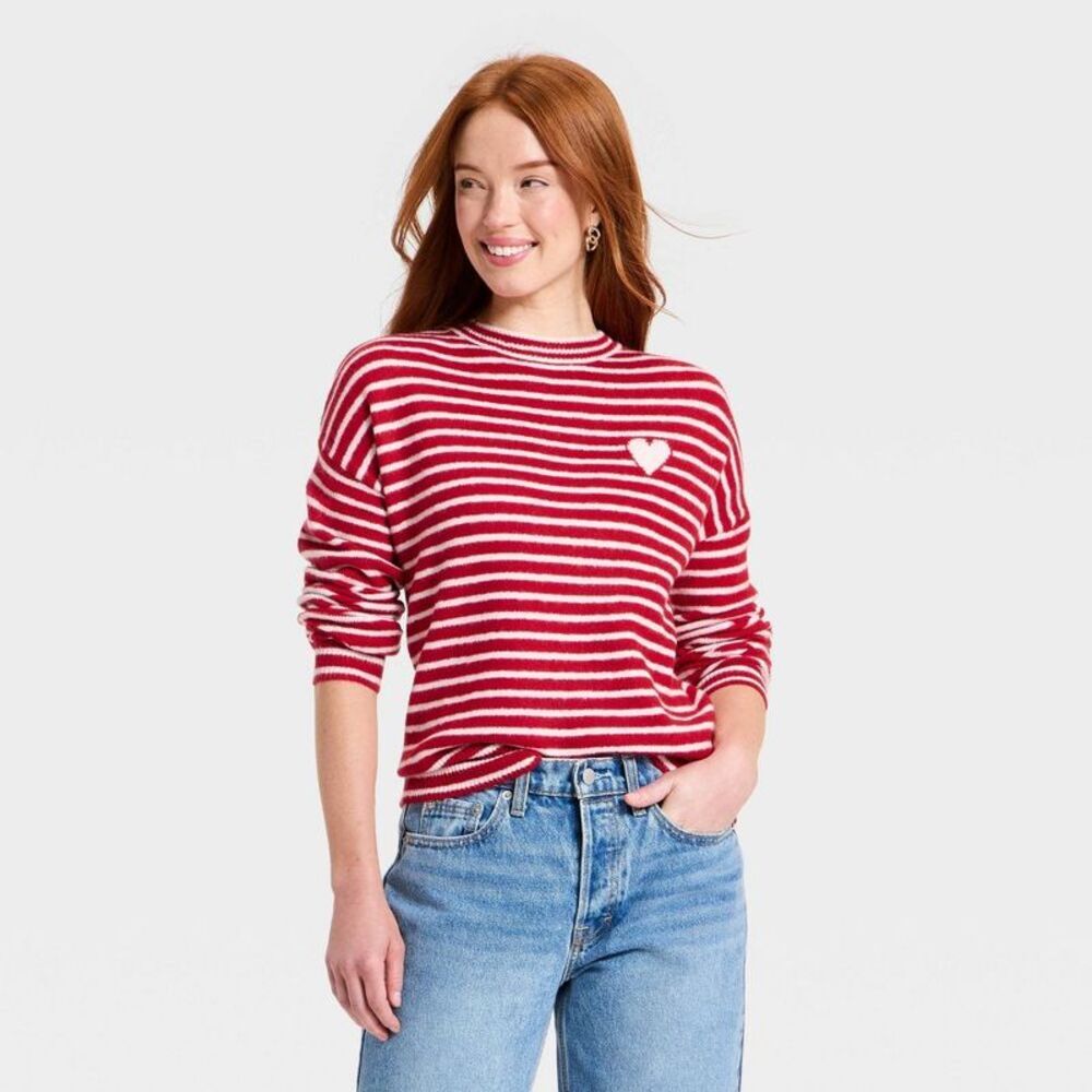 Women's Valentine's Pullover Heart Sweater - A New Day Red Striped L